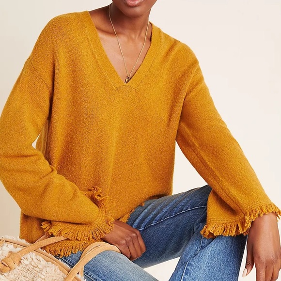Anthropologie Brown Mustard Vneck Fringe Sweater - Picture 1 of 7
